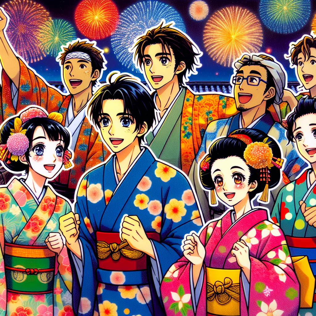 sticker-Characters at a summer festival, with yukata, fireworks in the background-anime stickers-1733081961424